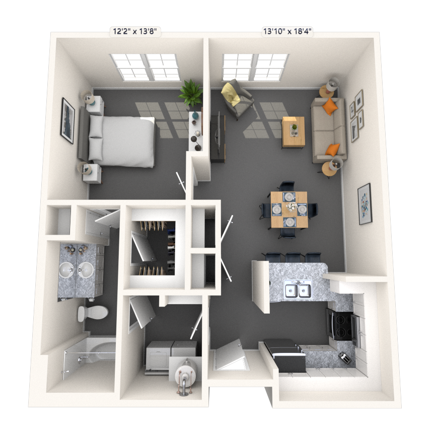 Floor plan for 1 bed, 1 bath, 797 sqft